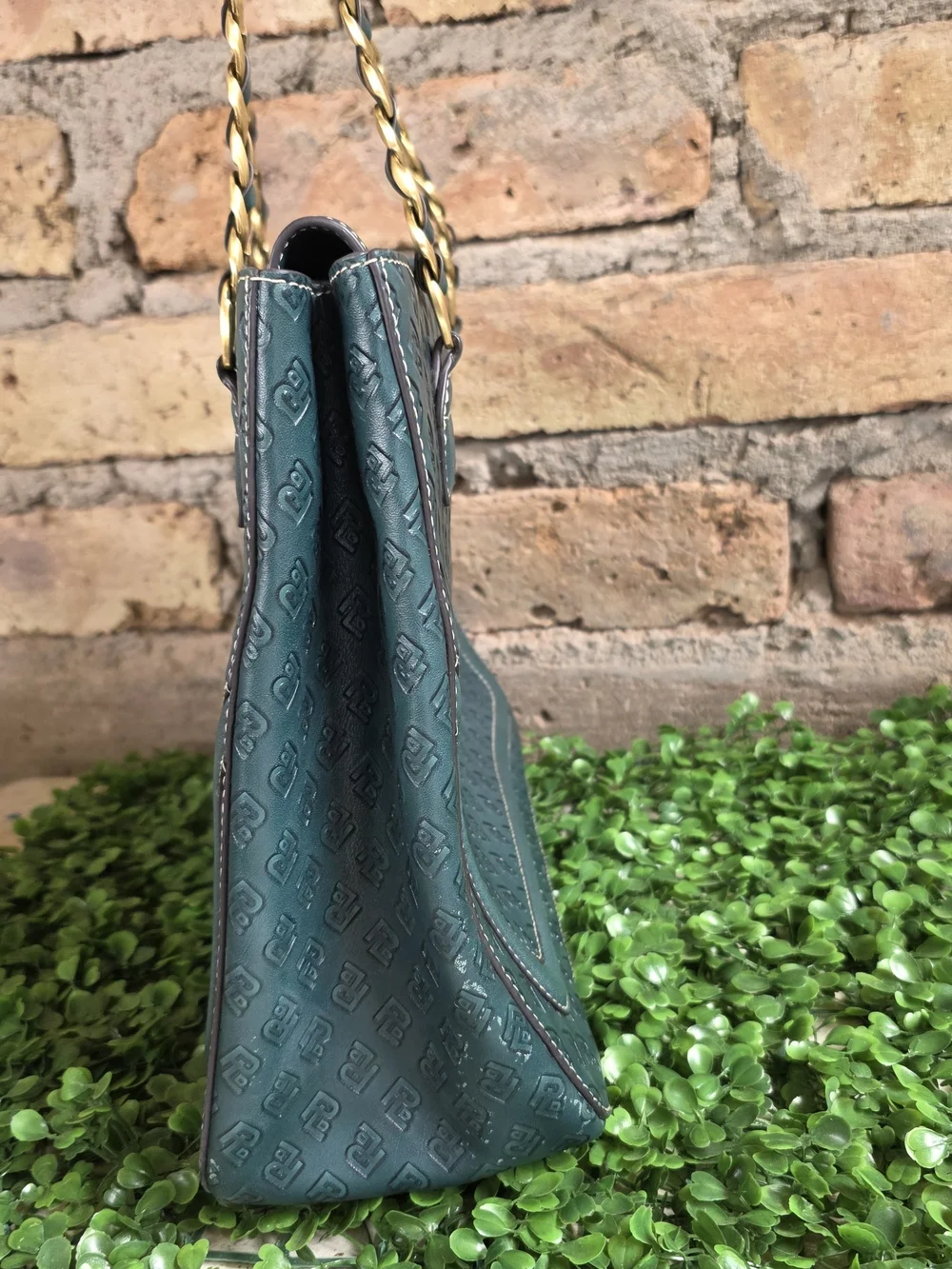POWERLAND Forest Green Embossed Monogram Tote Bag Gold Chain Straps
